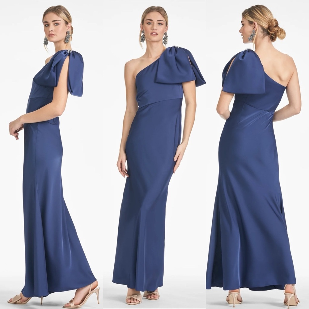 NWT Sachin + Babi Aubrey Satin One-Shoulder Gown in Washed Indigo Size 10